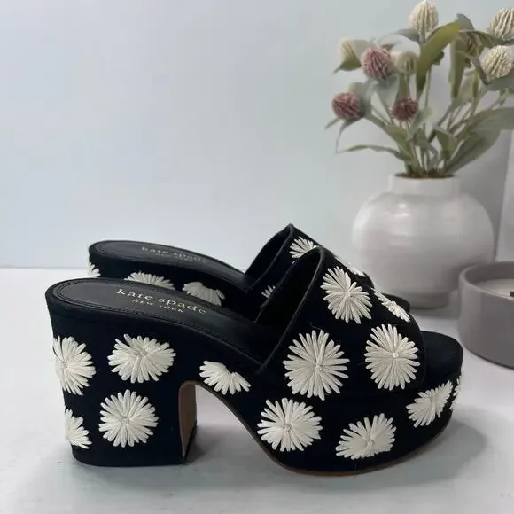 Kate Spade Ibiza Pom Pom Floral Platform Sandal Black/White Women's 7B - Picture 1 of 11